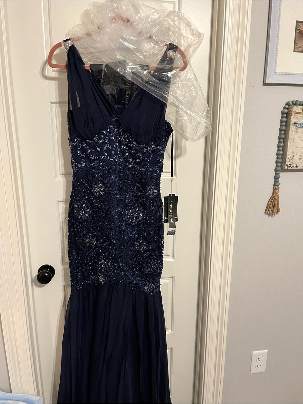 Elegant Navy Beaded Prom Gown with V-Neck